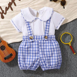 Conjunto de blusa casual con cuello Peter Pan de estilo caballero y pantalones cortos con tirantes de madras a cuadros para bebe nino