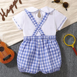 Conjunto de blusa casual con cuello Peter Pan de estilo caballero y pantalones cortos con tirantes de madras a cuadros para bebe nino