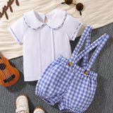 Conjunto de blusa casual con cuello Peter Pan de estilo caballero y pantalones cortos con tirantes de madras a cuadros para bebe nino