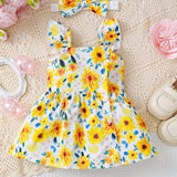 Conjunto de verano de vestido con estampado floral y diadema de 2 piezas para bebe nina