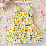 Conjunto de verano de vestido con estampado floral y diadema de 2 piezas para bebe nina