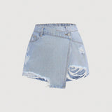 Pollerin corto de mezclilla de cintura alta desgastado y estilo boho con frente cruzado para ninas preadolescentes de primavera y verano, atuendos de shorts de mezclilla para ninas en vacaciones de verano