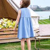 Young Girl's Cute Denim Dress With Washed Fabric, Comfortable & Soft, Decorated With Bowknots