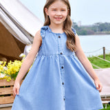 Young Girl's Cute Denim Dress With Washed Fabric, Comfortable & Soft, Decorated With Bowknots