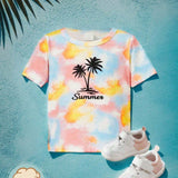 Camiseta con estampado de letras y palmeras con efecto tie-dye para bebe