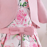 Conjunto de dos piezas para chica joven: Cardigan casual de manga globo tejido unicolor y vestido casual sin mangas estampado floral jacquard