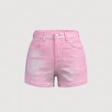 Shorts de mezclilla rosa lavada modernos y casuales con bolsillos diagonales para ninas y adolescentes de tendencia Y2K de primavera/verano, atuendos de concierto de ropa de verano para ninas