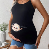 Camiseta de maternidad casual de verano con impresion de bebe simple sin mangas