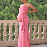 Joyfunear Vestido Maxi de maternidad unicolor de color para verano con cuello asimetrico y dobladillo de cola de sirena