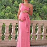 Joyfunear Vestido Maxi de maternidad unicolor de color para verano con cuello asimetrico y dobladillo de cola de sirena