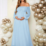 Elegante y romantico vestido de maternidad maxi de malla con encaje en un hombro y unicolor para fiesta de revelacion de genero