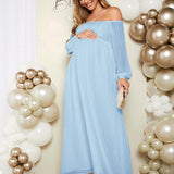 Elegante y romantico vestido de maternidad maxi de malla con encaje en un hombro y unicolor para fiesta de revelacion de genero