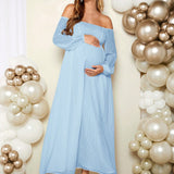 Elegante y romantico vestido de maternidad maxi de malla con encaje en un hombro y unicolor para fiesta de revelacion de genero