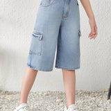 Jeans largos o cortos de pierna recta con bolsillo de solapa y estilo holgado de mezclilla cargo lavada en primavera y verano para chicas jovenes, atuendos de concierto para chicas en verano