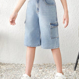 Jeans largos o cortos de pierna recta con bolsillo de solapa y estilo holgado de mezclilla cargo lavada en primavera y verano para chicas jovenes, atuendos de concierto para chicas en verano