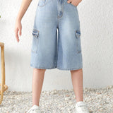 Jeans largos o cortos de pierna recta con bolsillo de solapa y estilo holgado de mezclilla cargo lavada en primavera y verano para chicas jovenes, atuendos de concierto para chicas en verano