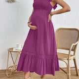 Vestido de maternidad de verano elegante y solido con ribete de encaje y volantes contrastantes