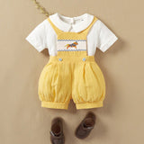 Conjunto de 2 piezas para Bebe nino, Camisa de punto vintage de estilo frances de manga corta con lindo bordado de caballo en un amarillo saltador tejido de diseno veraniego