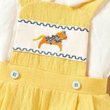 Conjunto de 2 piezas para Bebe nino, Camisa de punto vintage de estilo frances de manga corta con lindo bordado de caballo en un amarillo saltador tejido de diseno veraniego