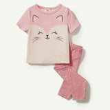 NEW Cozy Cub Baby Girl Snug Fit Pajamas Set With Cartoon Fox Printed Round Neck Long Sleeve Top And Footed Pants