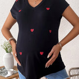 Camiseta suelta de manga corta con estampado de corazon de moda de verano para mujeres embarazadas