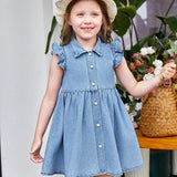 Young Girls' Cute Denim Dress With Flutter Sleeves, Suitable For Spring And Summer