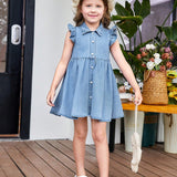 Young Girls' Cute Denim Dress With Flutter Sleeves, Suitable For Spring And Summer