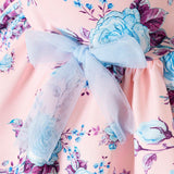 Vestido de princesa de encaje rosa de doble capa con diseno floral digital estiloso y romantico para ninas pequenas con lazo