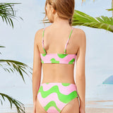 Tween Girl's Cute Ruffle Wave Print Tank Top Bikini Set For Beach