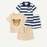 Cozy Cub Conjunto De 4 Piezas De Sueter Y Pantalones Cortos Con Cuello Redondo Y Estampado De Osos Caricatura Para Bebe Nino