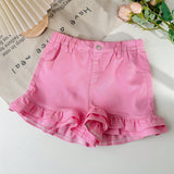 Lindo pantalon corto de mezclilla rosa de doble capa con dobladillo de volantes