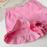 Lindo pantalon corto de mezclilla rosa de doble capa con dobladillo de volantes