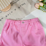 Lindo pantalon corto de mezclilla rosa de doble capa con dobladillo de volantes