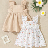 Conjunto de 2 piezas para bebe nina, vestido sin mangas con cinturon, estampado floral y dobladillo con volante.