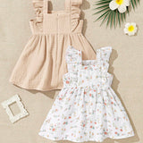 Conjunto de 2 piezas para bebe nina, vestido sin mangas con cinturon, estampado floral y dobladillo con volante.