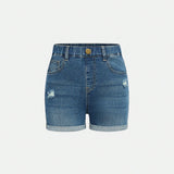 Shorts vaqueros elasticos de pierna ajustada en lavado azul oscuro con rollo en el dobladillo para uso diario casual de nina preadolescente