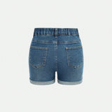 Shorts vaqueros elasticos de pierna ajustada en lavado azul oscuro con rollo en el dobladillo para uso diario casual de nina preadolescente