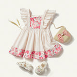 Cozy Cub Vestido de manga corta con cuello cuadrado, patron floral para bebe con dobladillo con volantes y corte ajustado en la cintura