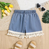 Shorts vaqueros holgados para ninas jovenes con flecos de estilo boho, cintura alta y estilo baggy. Conjunto de shorts de verano para vacaciones de ninas