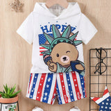 Conjunto casual de bebe de camiseta con capucha con diseno de oso del Dia de la Independencia y pantalones cortos a rayas con estampado de estrellas