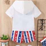 Conjunto casual de bebe de camiseta con capucha con diseno de oso del Dia de la Independencia y pantalones cortos a rayas con estampado de estrellas