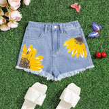 Shorts de mezclilla baggy de moda boho con diseno de girasoles y dobladillo sin rematar para ninas adolescentes en primavera/verano, atuendos de shorts de vacaciones para ninas