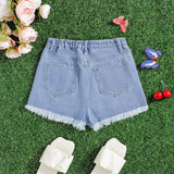 Shorts de mezclilla baggy de moda boho con diseno de girasoles y dobladillo sin rematar para ninas adolescentes en primavera/verano, atuendos de shorts de vacaciones para ninas