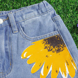 Shorts de mezclilla baggy de moda boho con diseno de girasoles y dobladillo sin rematar para ninas adolescentes en primavera/verano, atuendos de shorts de vacaciones para ninas