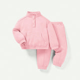 Cozy Cub Conjunto De Pantalones Largos Y Sudadera Con Hombros Caidos Y Cuello Alto De Color Solido Para Ninas Pequenas