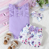 Conjunto de enterizo purpura con pantalon corto y diadema para bebe nina con diseno floral romantico, elegante y lindo, ideal para primavera y verano