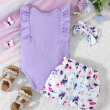 Conjunto de enterizo purpura con pantalon corto y diadema para bebe nina con diseno floral romantico, elegante y lindo, ideal para primavera y verano