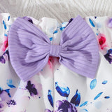 Conjunto de enterizo purpura con pantalon corto y diadema para bebe nina con diseno floral romantico, elegante y lindo, ideal para primavera y verano