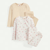 Cozy Cub Conjunto Casual De 4 Piezas Para Nina Bebe, Comodo Y Cenido, Incluye Tops Y Pantalones Casuales Con Diseno unicolor Y Estampado Floral Pequeno Para Estar En Casa