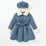 Cozy Cub Vestido Con Cintura De Manga Larga Y Cuello De Felpa Para Ninas Con Sombrero, Estilo Universitario, 2 Unidades/juego